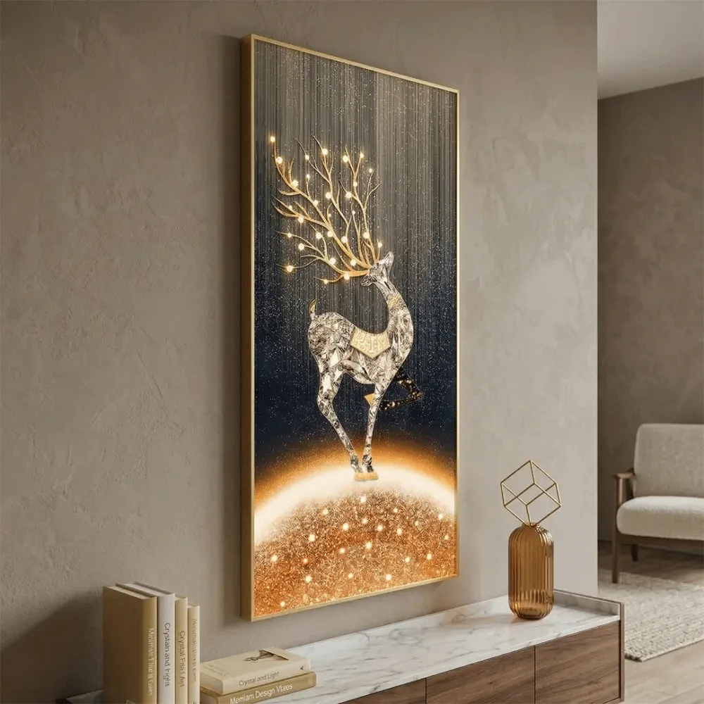 WallMantra Celestial Stag Crystal Wall Art with LED – Luxury Gold Deer Decorative Panel 