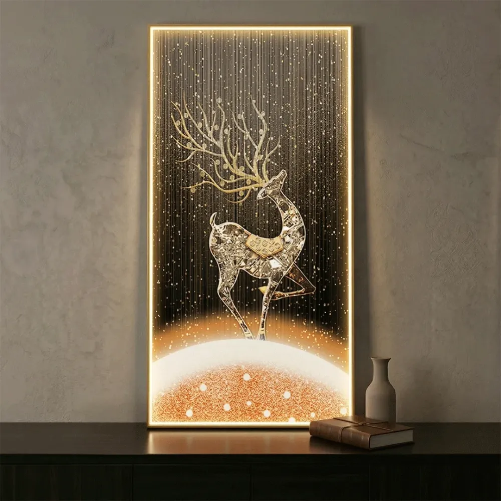 WallMantra Celestial Stag Crystal Wall Art with LED – Luxury Gold Deer Decorative Panel 