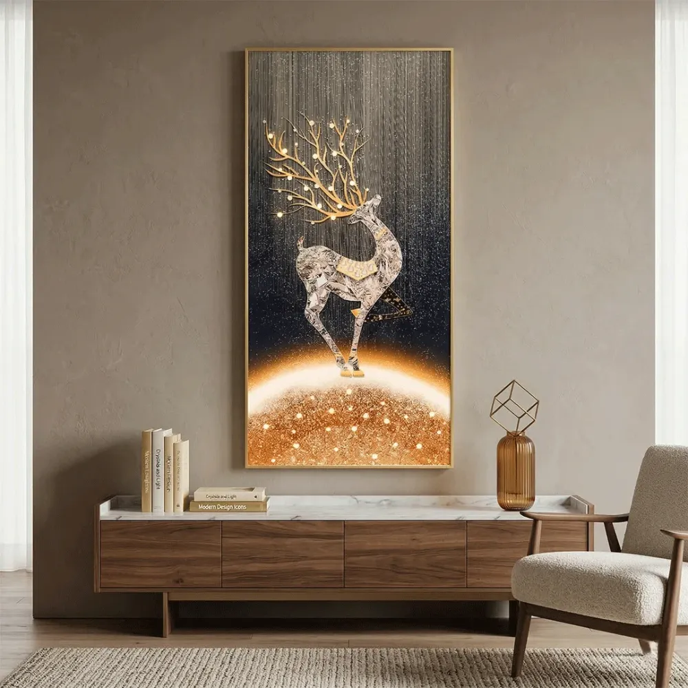 WallMantra Celestial Stag Crystal Wall Art with LED – Luxury Gold Deer Decorative Panel 