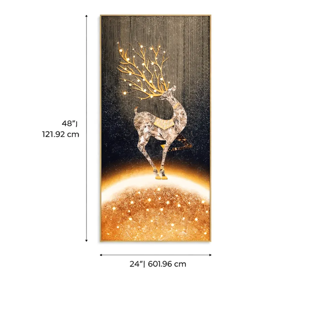 WallMantra Celestial Stag Crystal Wall Art with LED – Luxury Gold Deer Decorative Panel 
