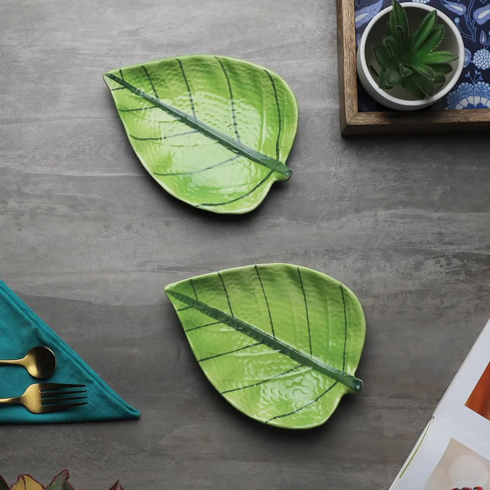 Ceramic Betel Leaf Shaped Green Serving Platters Set Of 2