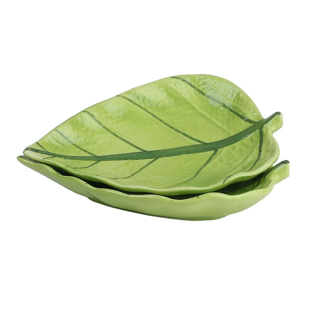 Ceramic Betel Leaf Shaped Green Serving Platters Set Of 2