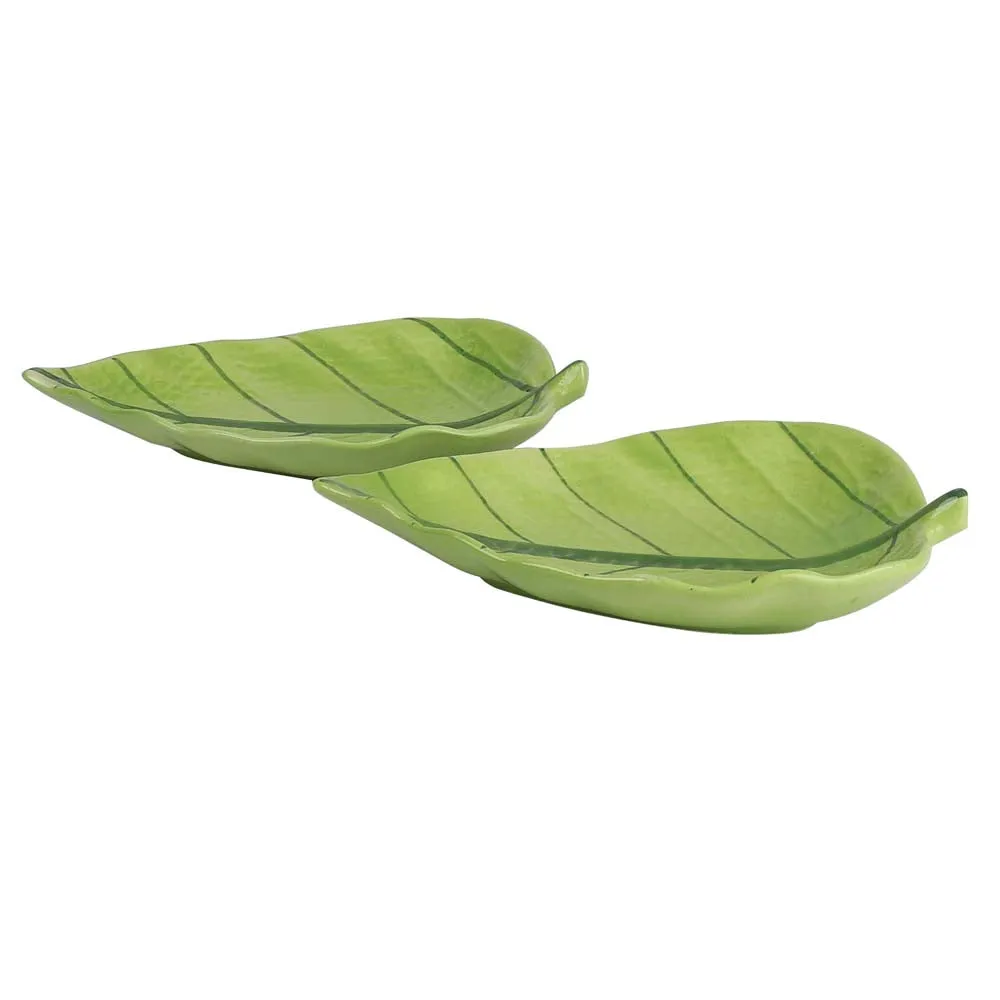 Ceramic Betel Leaf Shaped Green Serving Platters Set Of 2