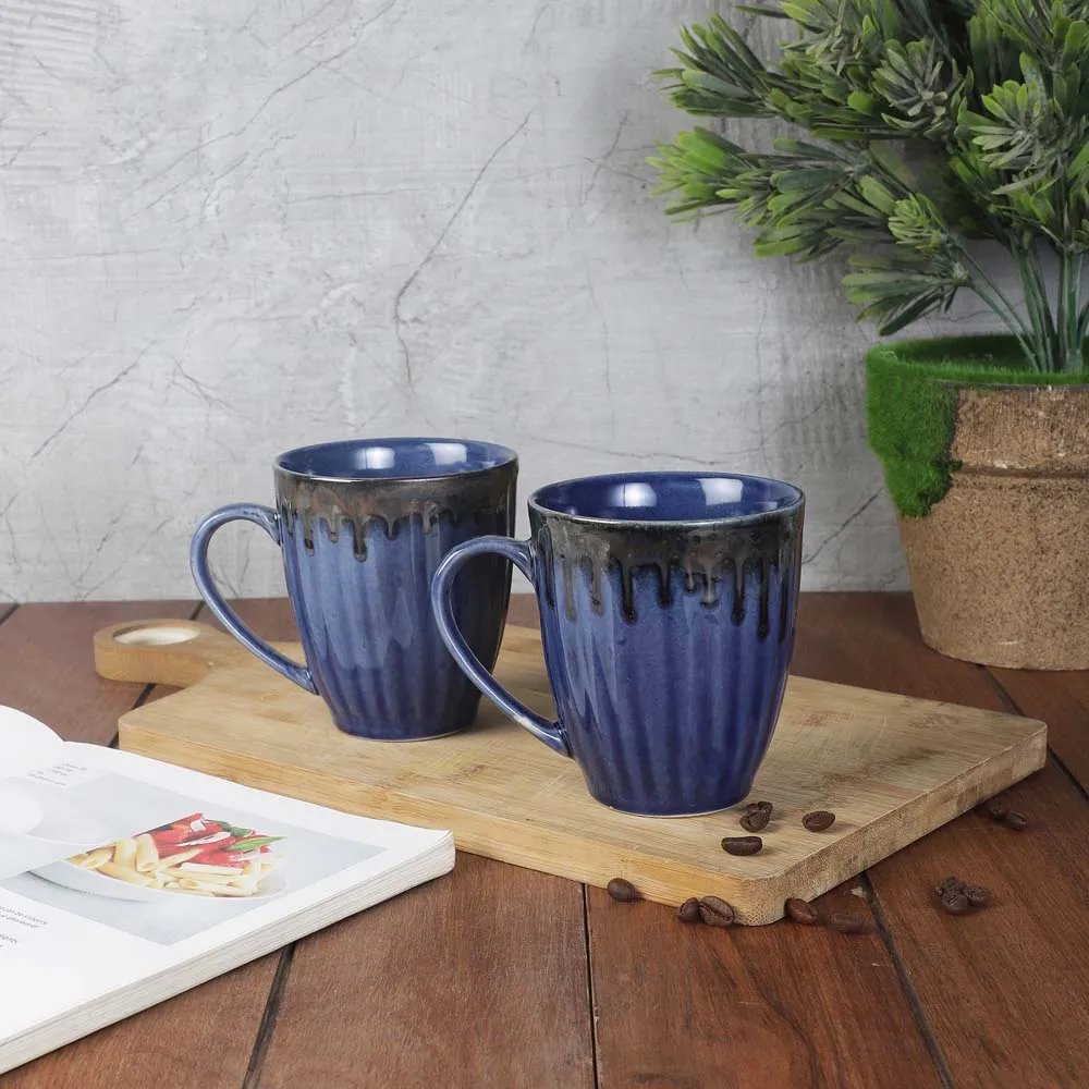 Ceramic Blue Handcrafted Dual Glazed Studio Pottery Coffee Mugs Set Of 2