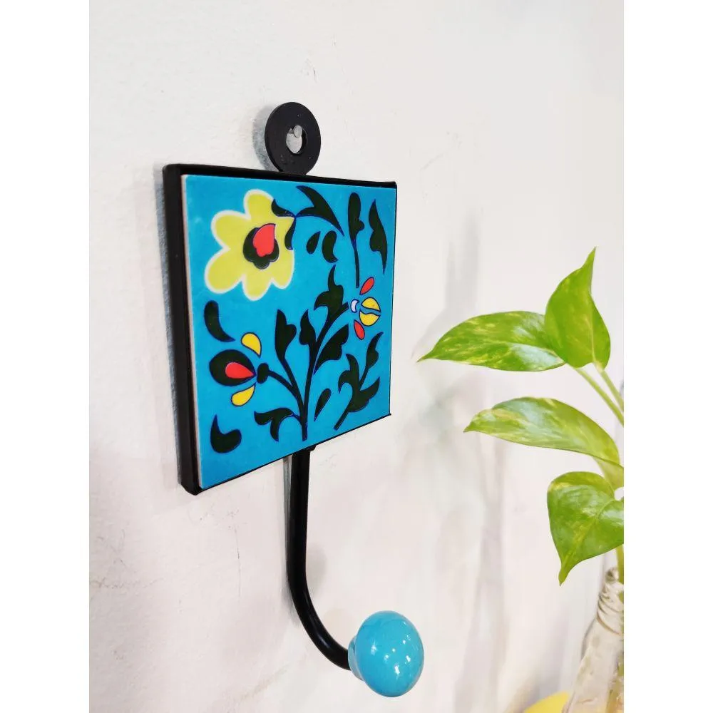 Ceramic Blue Wrought Iron Wall Hook  - Set of 2