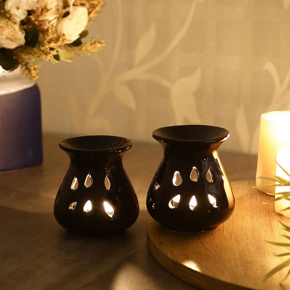 Ceramic Clay Black Aroma Burner with 2 Candles Set Of 2