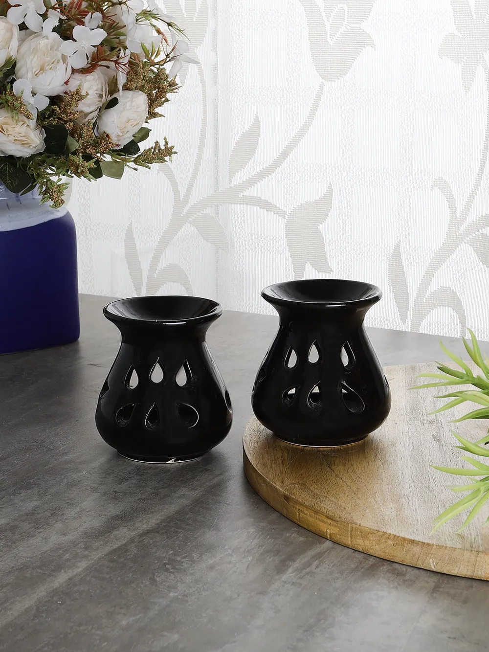 Ceramic Clay Black Aroma Burner with 2 Candles Set Of 2