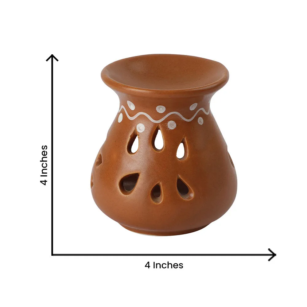 Ceramic Clay Maroon Aroma Burner with 2 Candles Set Of 2