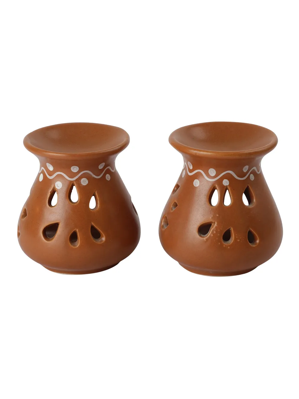 Ceramic Clay Maroon Aroma Burner with 2 Candles Set Of 2