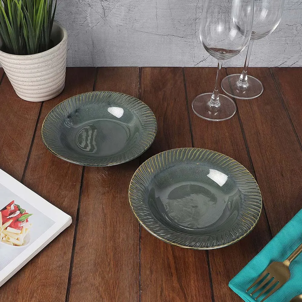 Ceramic Green Hand-Painted Pasta Plate Set Of 2