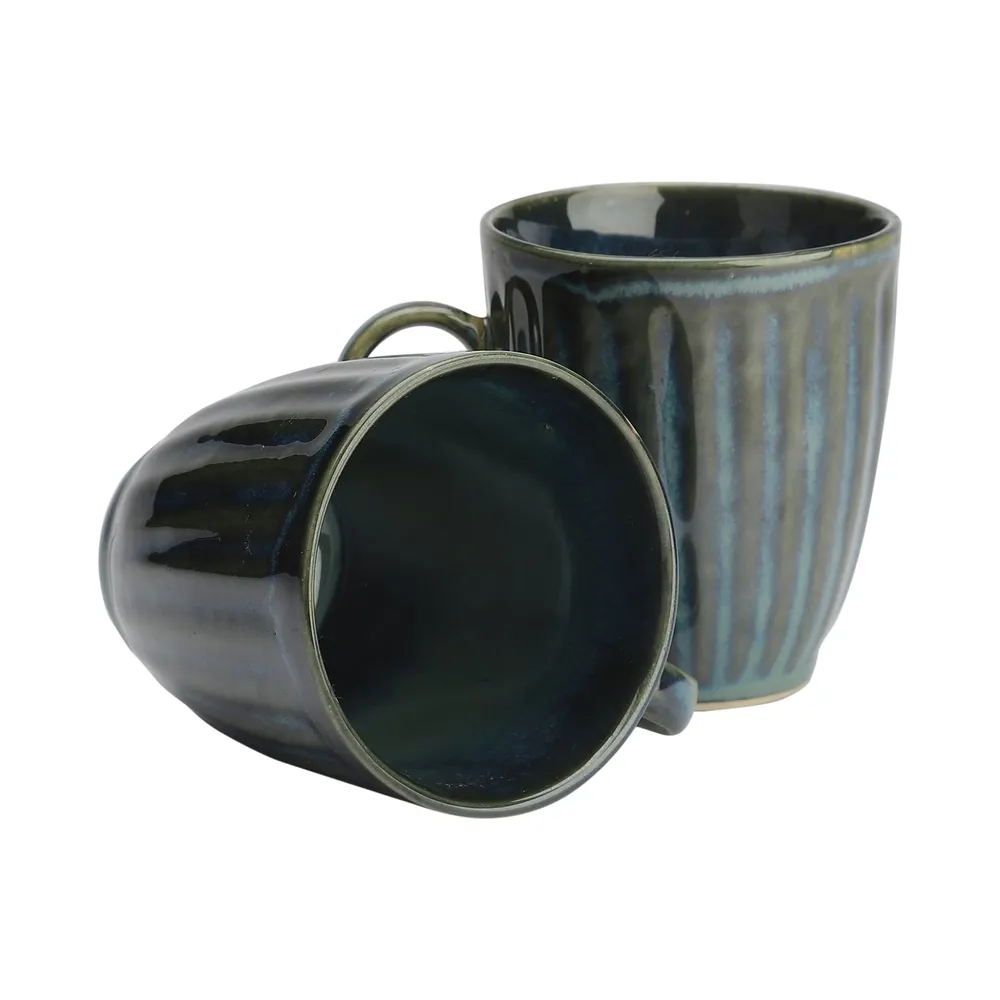 Ceramic Green Handcrafted Dual Glazed Studio Pottery Coffee Mugs Set Of 2
