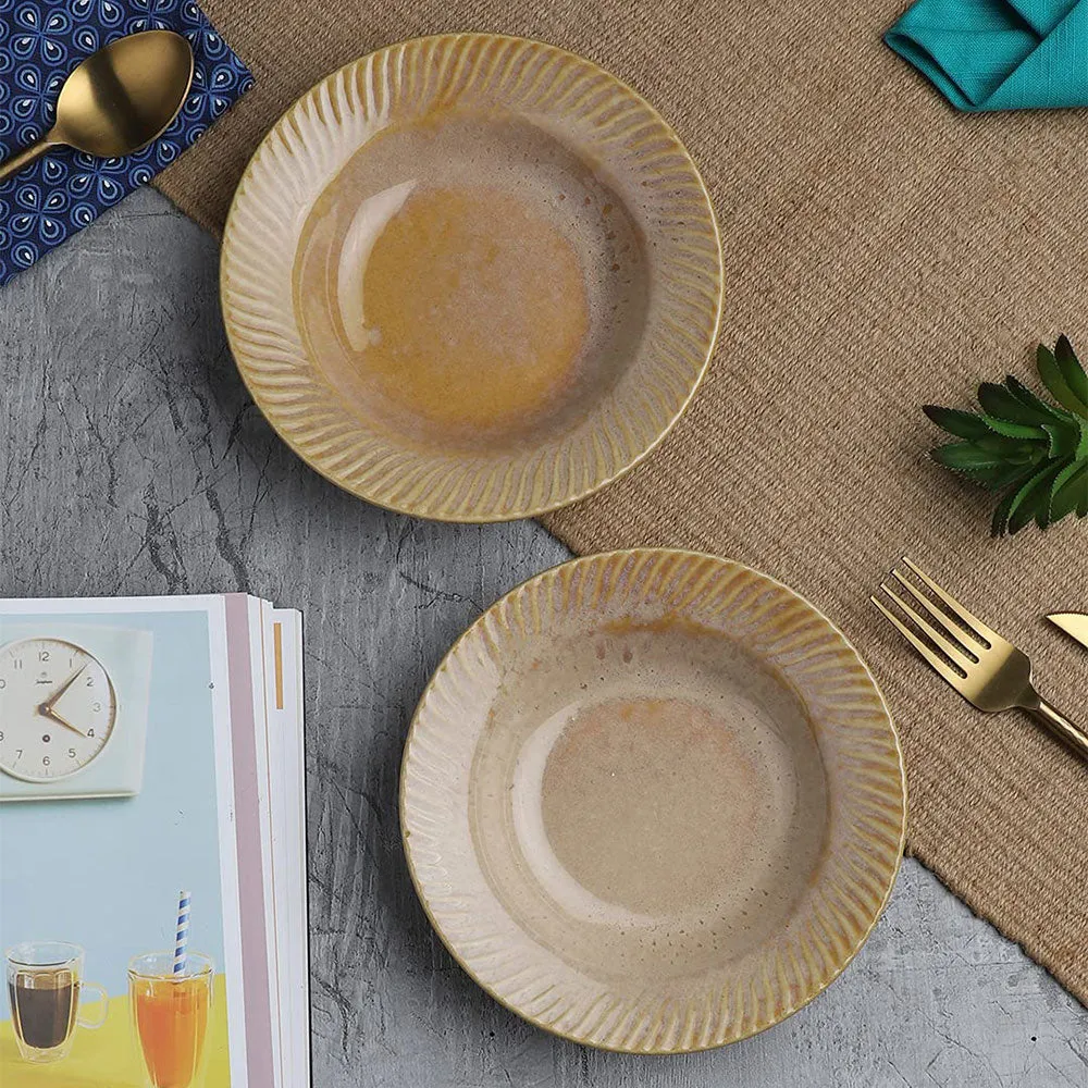 Ceramic Hand-Painted Matte Finish Beige Pasta Plate Set Of 2