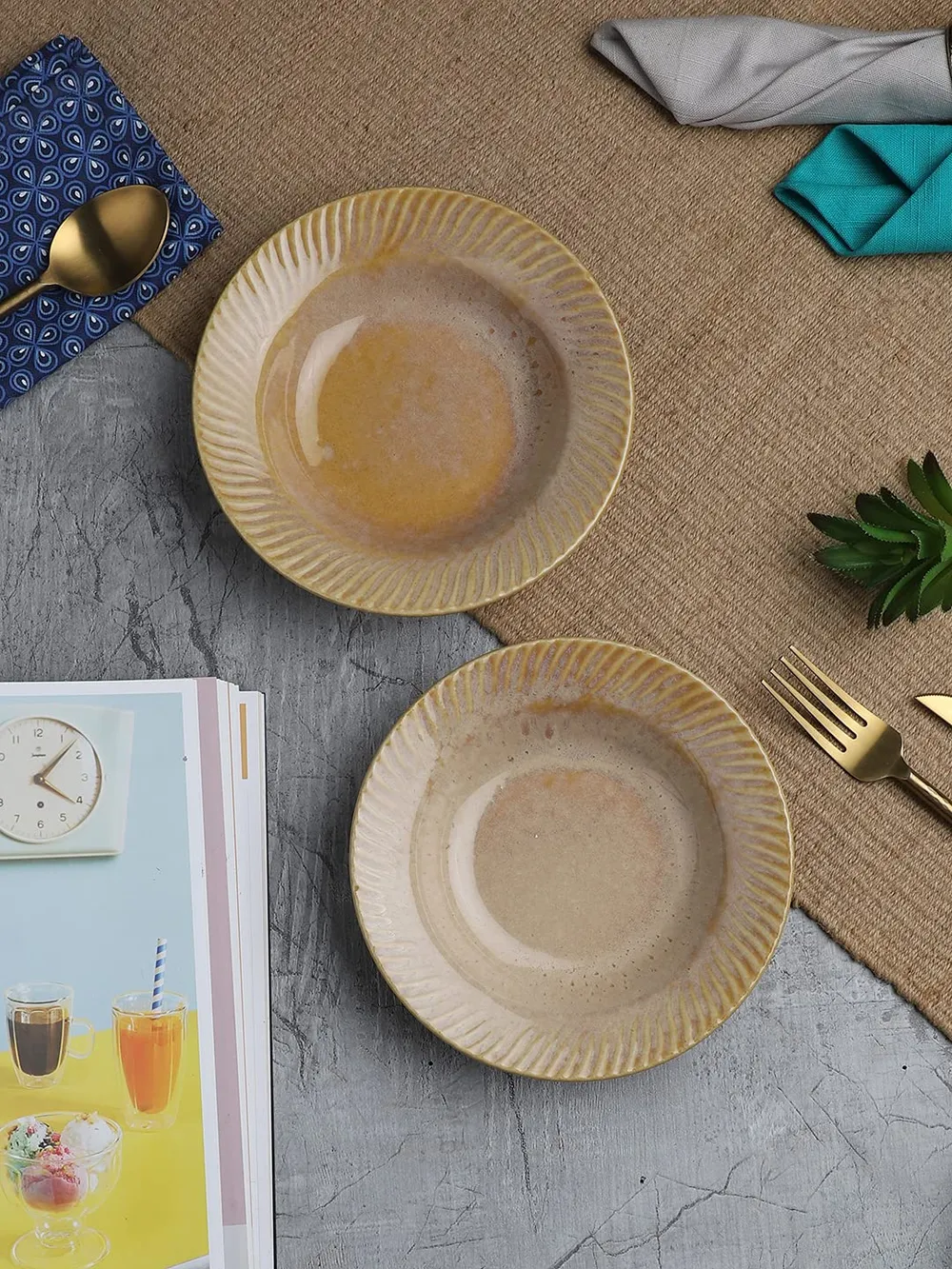 Ceramic Hand-Painted Matte Finish Beige Pasta Plate Set Of 2