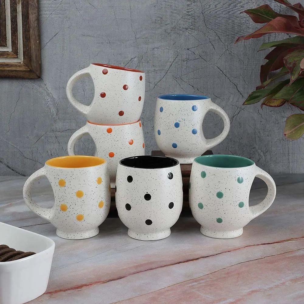 Ceramic Handcrafted Polka Dotted Tea Cups Set Of 6