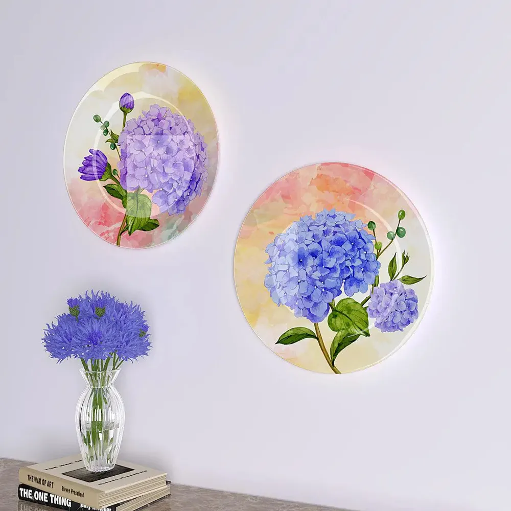 Ceramic Wall Plates With Beautiful Flower &amp; Abstract Colorful Background Art Round Shape, Wall Hanging.