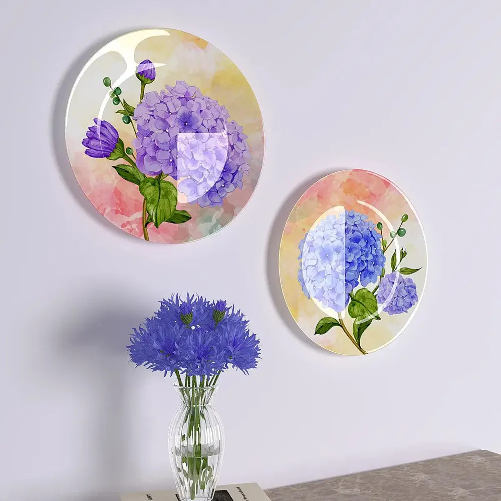 Ceramic Wall Plates With Beautiful Flower &amp; Abstract Colorful Background Art Round Shape, Wall Hanging.