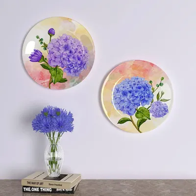 Ceramic Wall Plates With Beautiful Flower &amp; Abstract Colorful Background Art Round Shape, Wall Hanging.