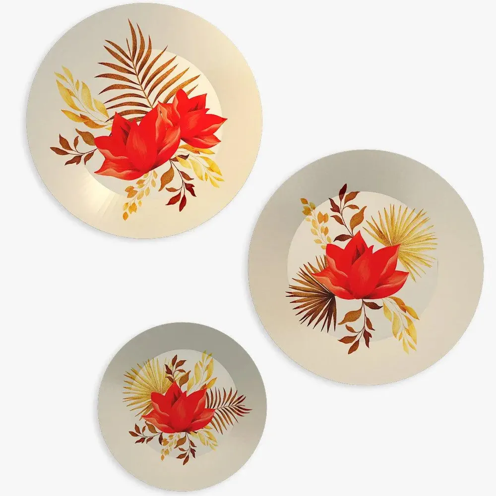 Ceramic Wall Plates With Beautiful Flowers &amp; Golden Leaf Design Art, Wall Hanging Plate