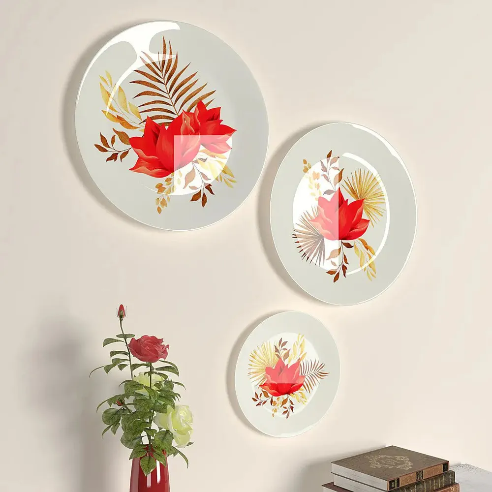 Ceramic Wall Plates With Beautiful Flowers &amp; Golden Leaf Design Art, Wall Hanging Plate