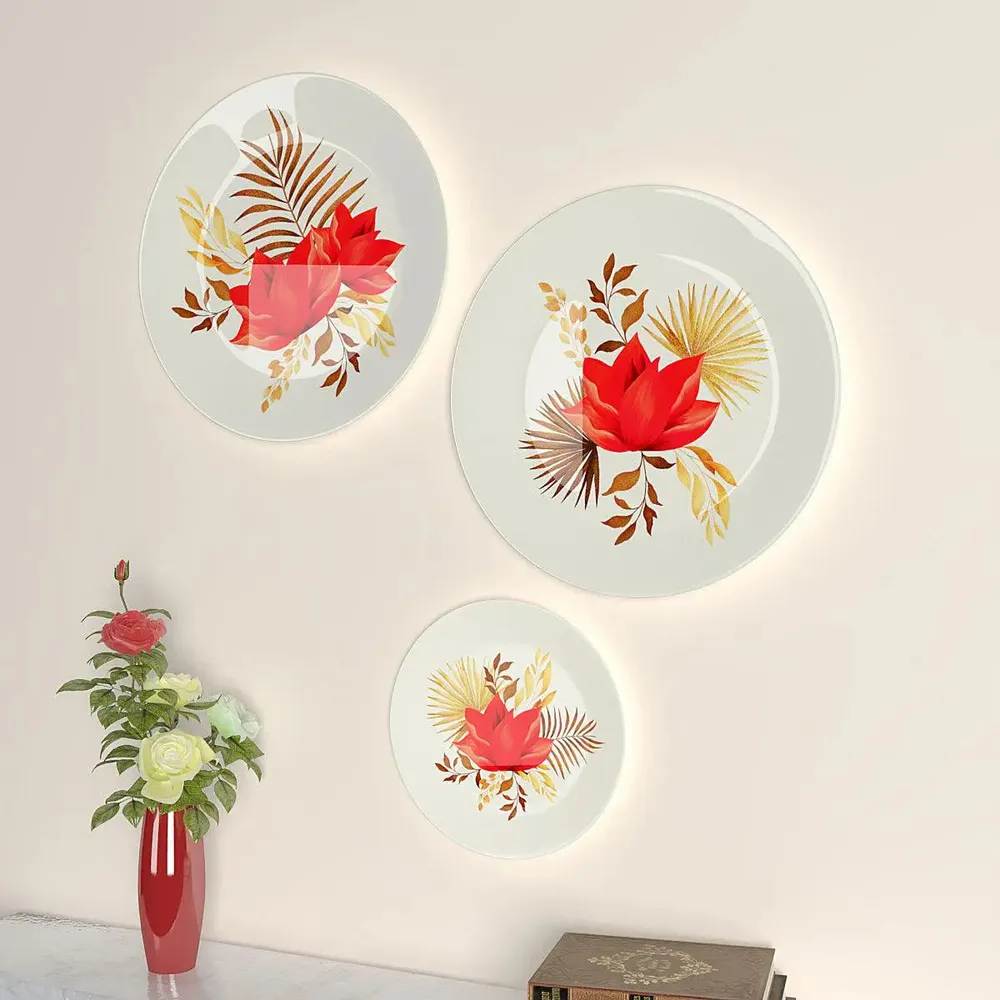 Ceramic Wall Plates With Beautiful Flowers &amp; Golden Leaf Design Art, Wall Hanging Plate