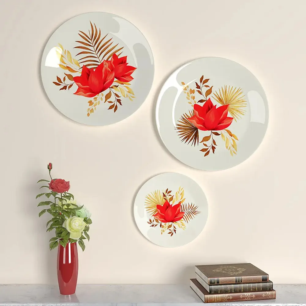 Ceramic Wall Plates With Beautiful Flowers &amp; Golden Leaf Design Art, Wall Hanging Plate