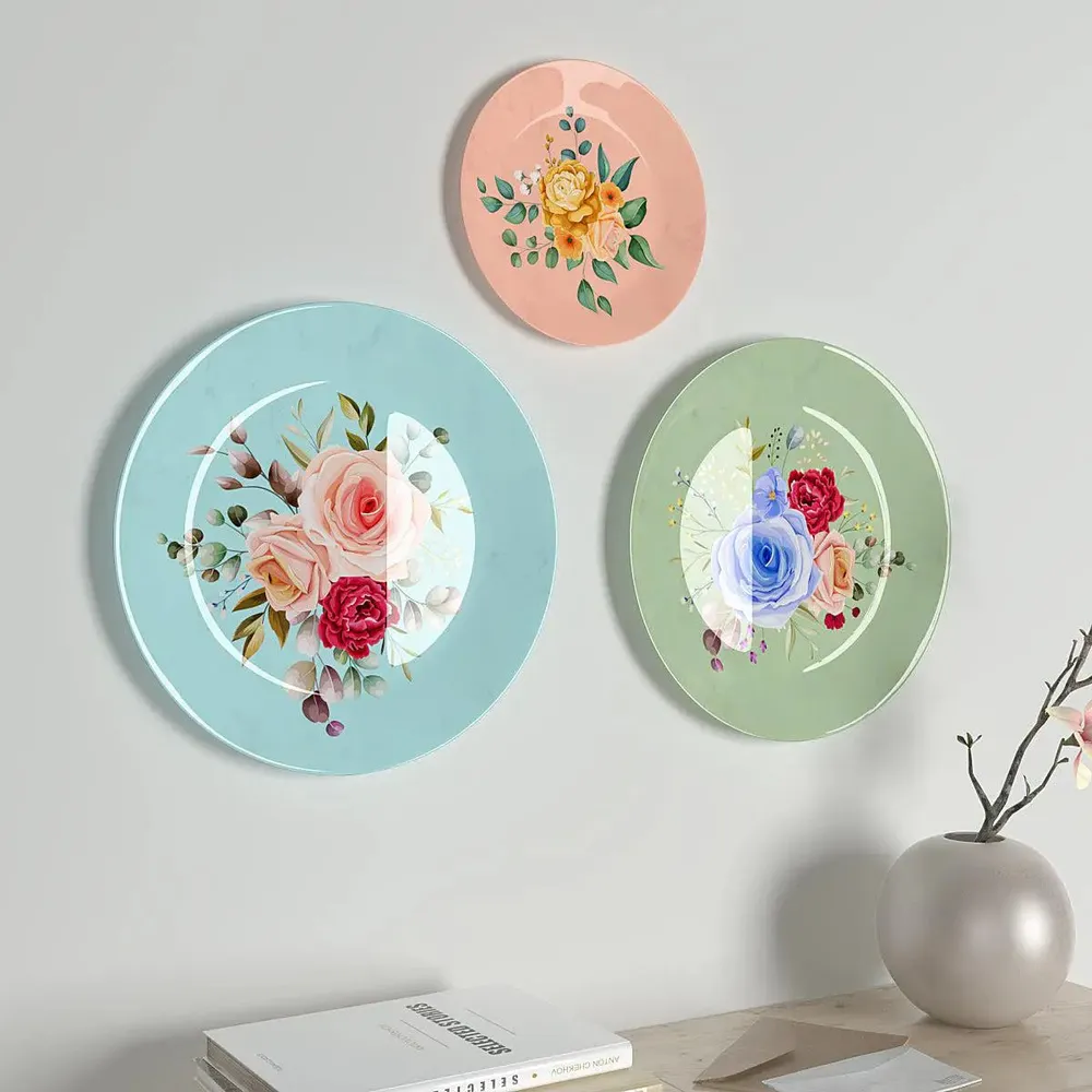 Ceramic Wall Plates With Beautiful Multi Color Rose Flowers Design Art, Wall Hanging Plate