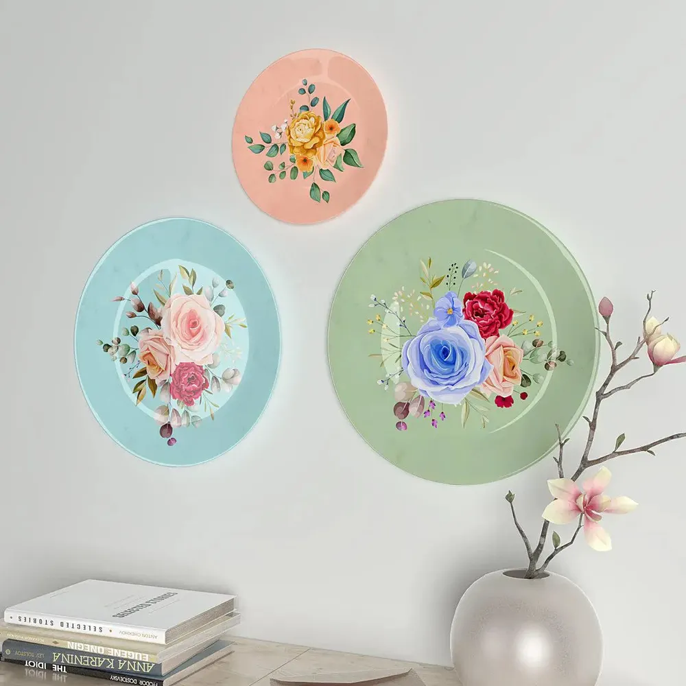 Ceramic Wall Plates With Beautiful Multi Color Rose Flowers Design Art, Wall Hanging Plate
