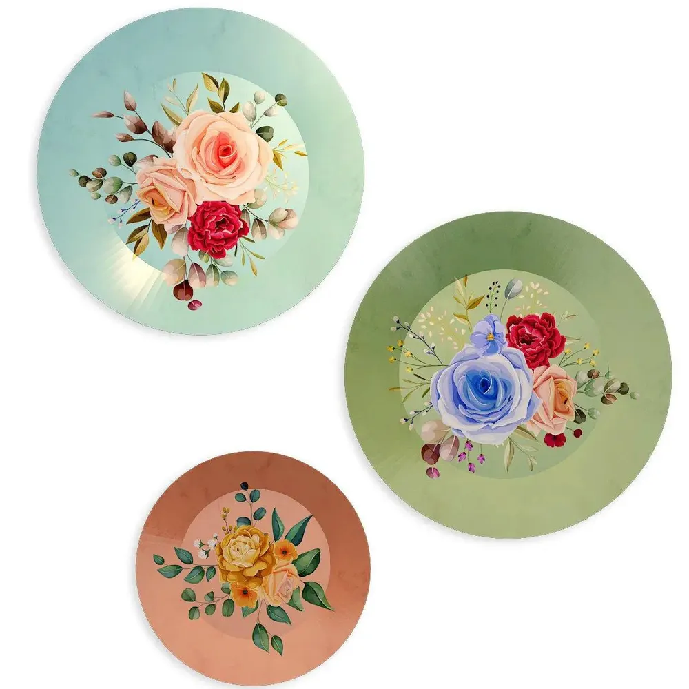 Ceramic Wall Plates With Beautiful Multi Color Rose Flowers Design Art, Wall Hanging Plate