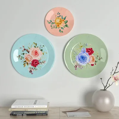 Ceramic Wall Plates With Beautiful Multi Color Rose Flowers Design Art, Wall Hanging Plate