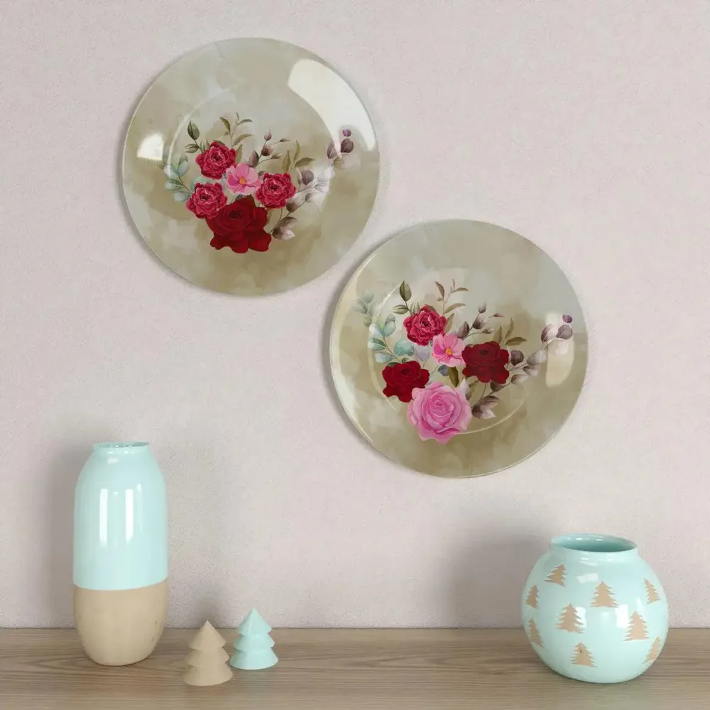 Ceramic Wall Plates With Beautiful Rose Flowers Art Design Round Shape, Wall Hanging.