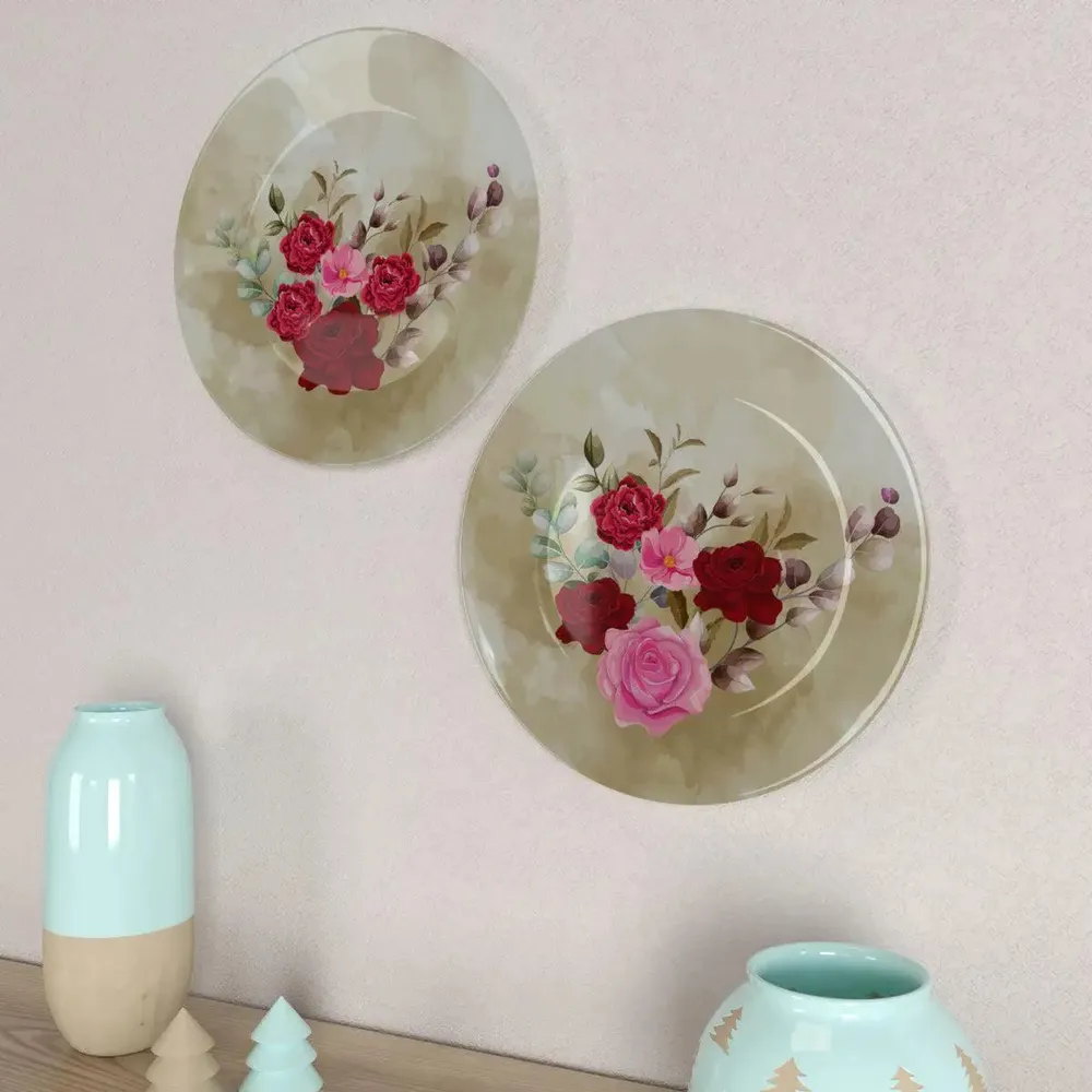 Ceramic Wall Plates With Beautiful Rose Flowers Art Design Round Shape, Wall Hanging.