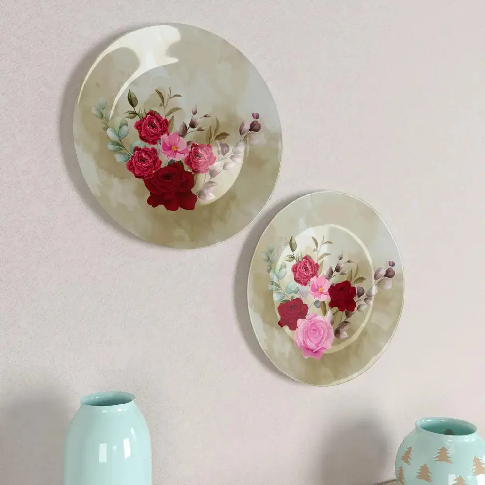Ceramic Wall Plates With Beautiful Rose Flowers Art Design Round Shape, Wall Hanging.