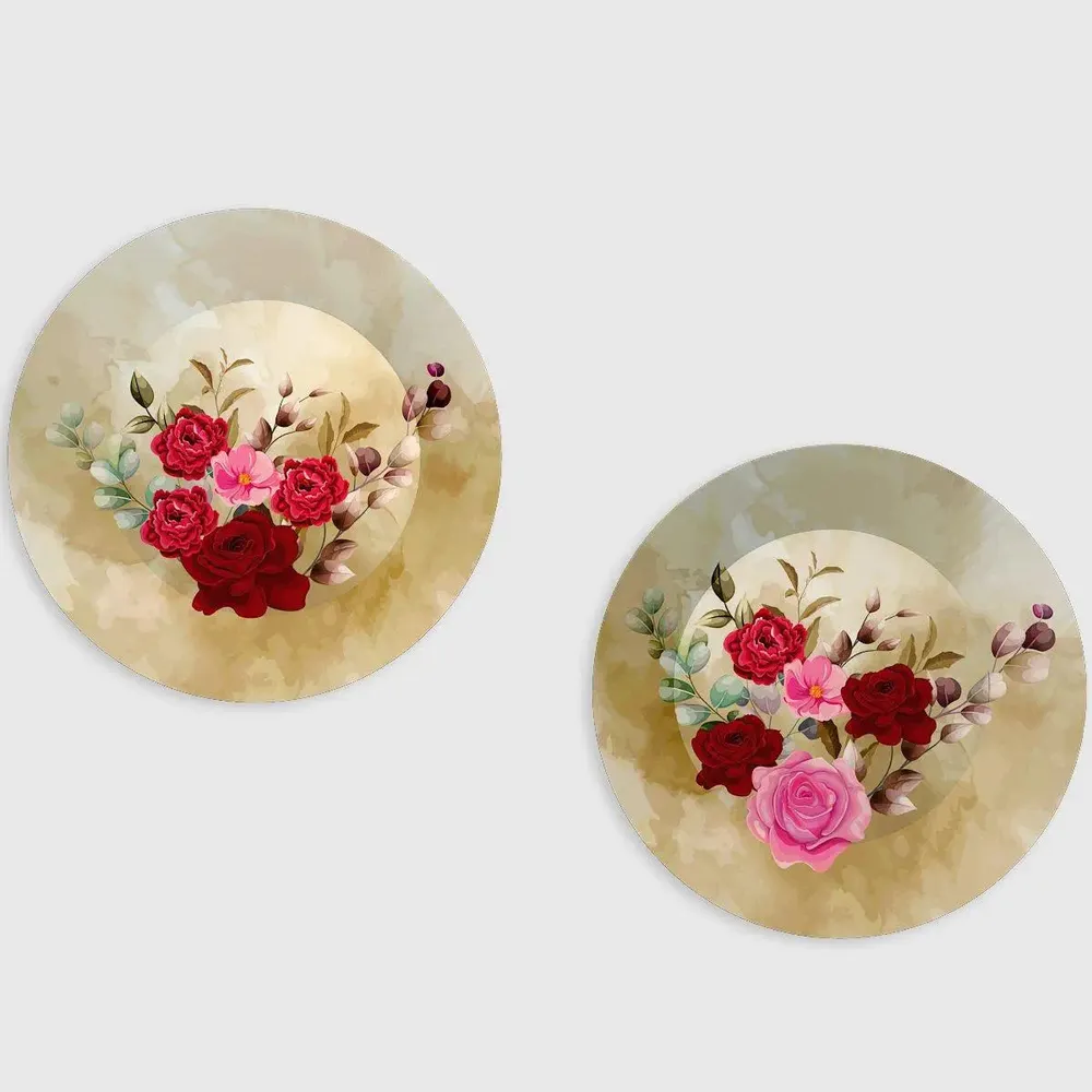 Ceramic Wall Plates With Beautiful Rose Flowers Art Design Round Shape, Wall Hanging.