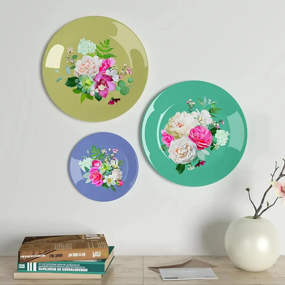Ceramic Wall Plates with Beautiful Rose Flowers Design Art, Wall Hanging Plate
