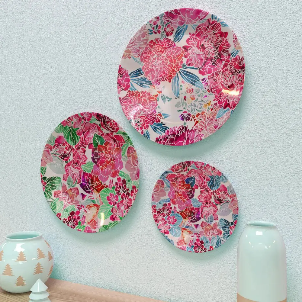 Ceramic Wall Plates With Beautiful Transparent Flowers Art Wall Hanging Plate