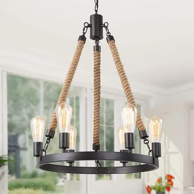 Chandeliers Rustic Round Wagon Wheel 6-Light Fixture with Rope