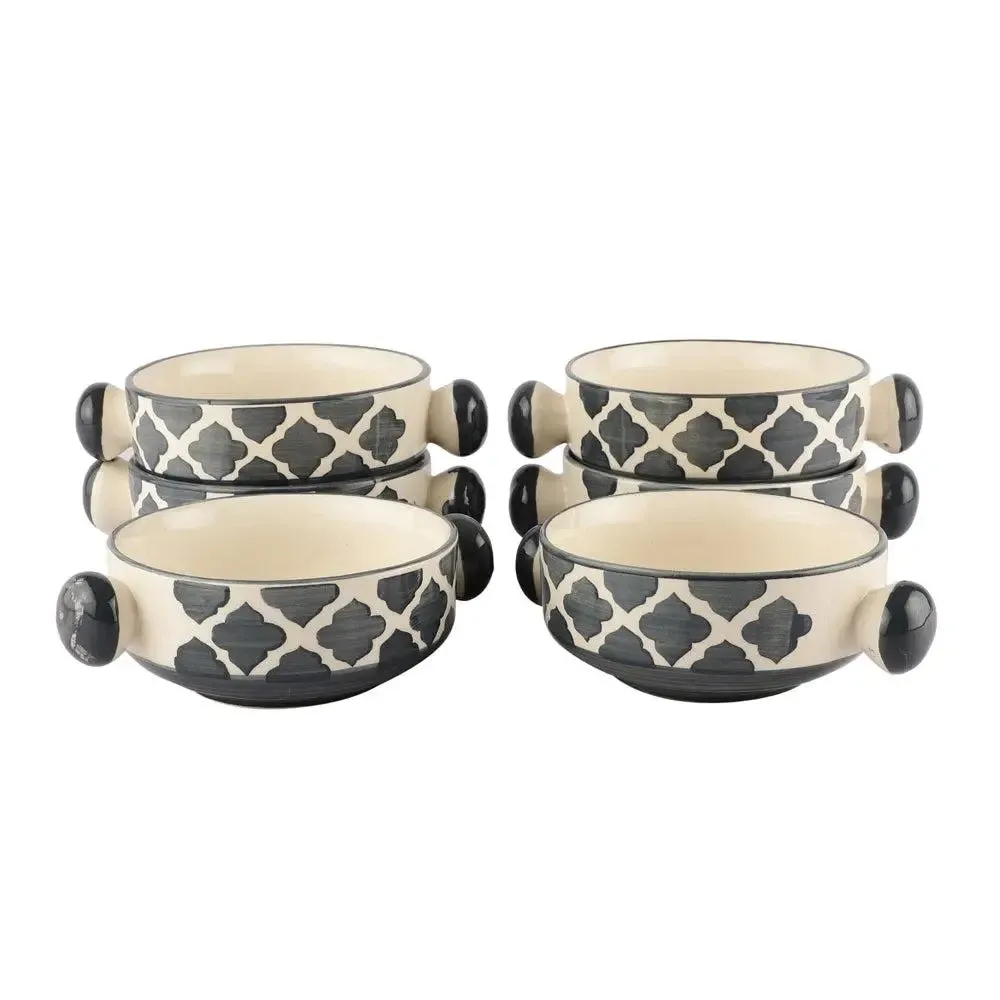 Charcoal Abstract Mughal Designer Ceramic Bowl Set With Handle Set Of 6