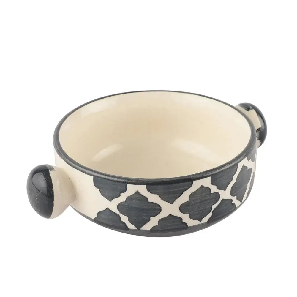 Charcoal Abstract Mughal Designer Ceramic Bowl Set With Handle Set Of 6