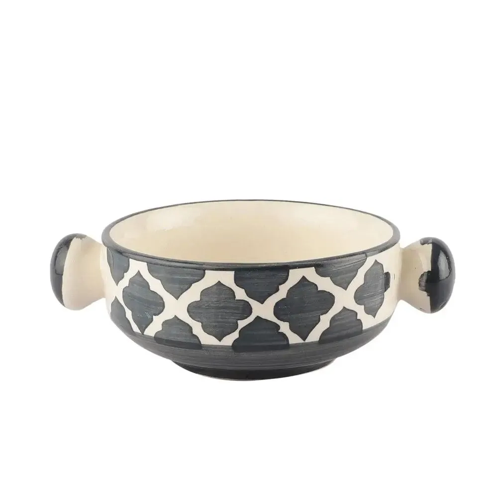 Charcoal Abstract Mughal Designer Ceramic Bowl Set With Handle Set Of 6