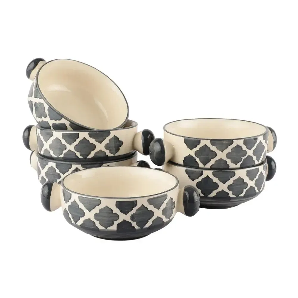 Charcoal Abstract Mughal Designer Ceramic Bowl Set With Handle Set Of 6