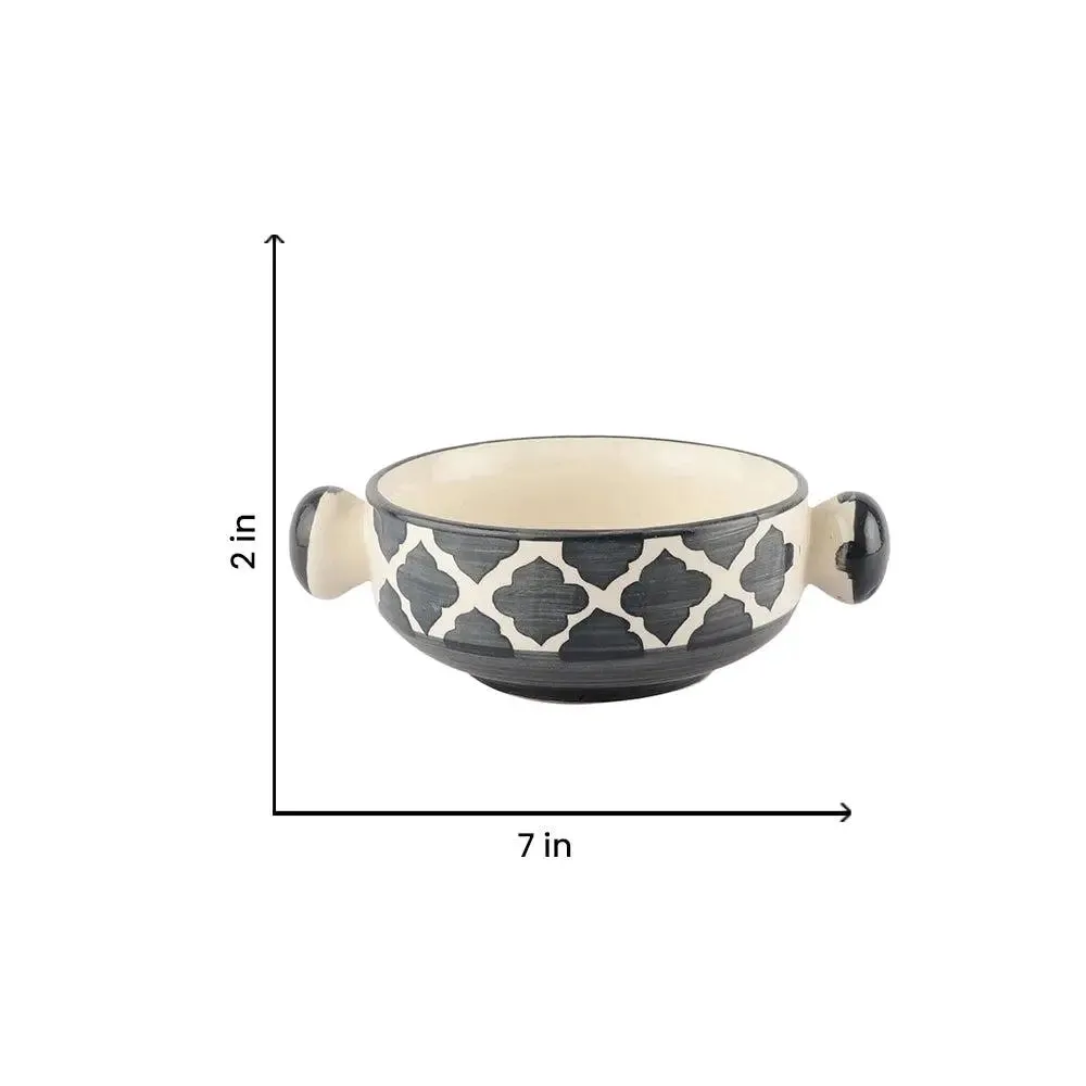 Charcoal Abstract Mughal Designer Ceramic Bowl Set With Handle Set Of 6