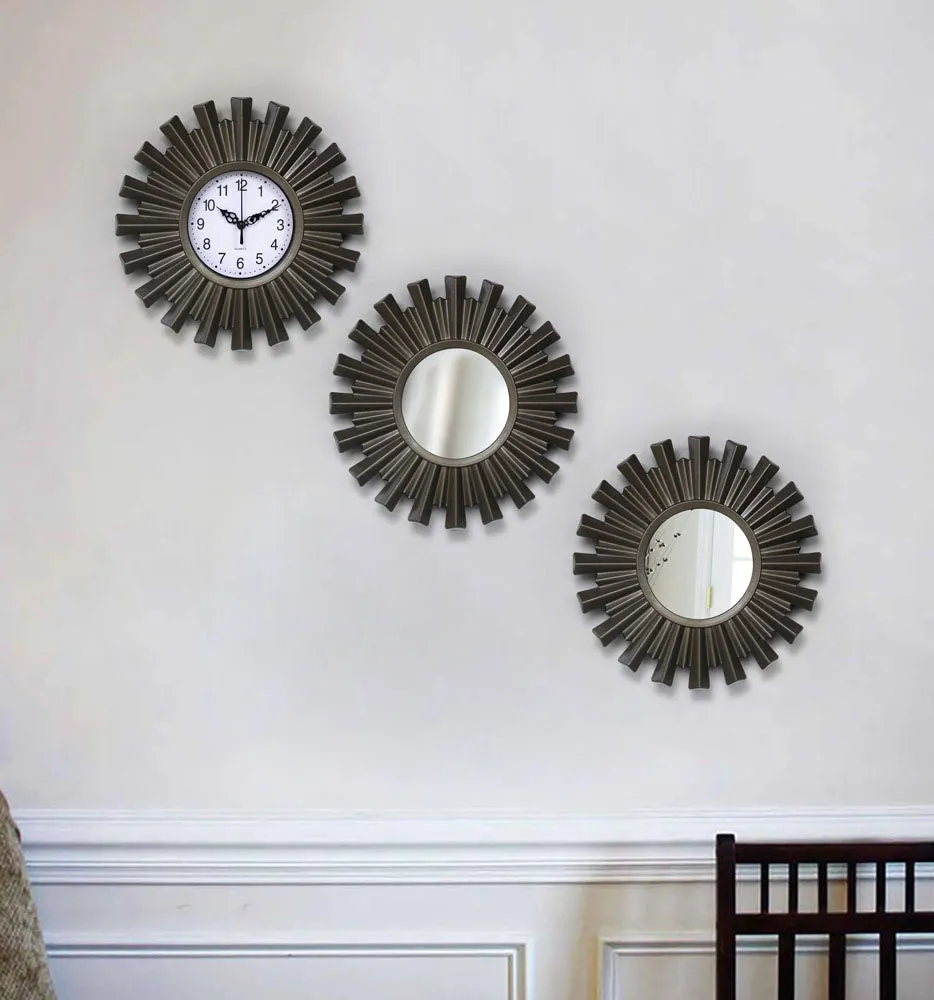 Charcoal Rods Designer Wall Clock & Mirror Set Of 3