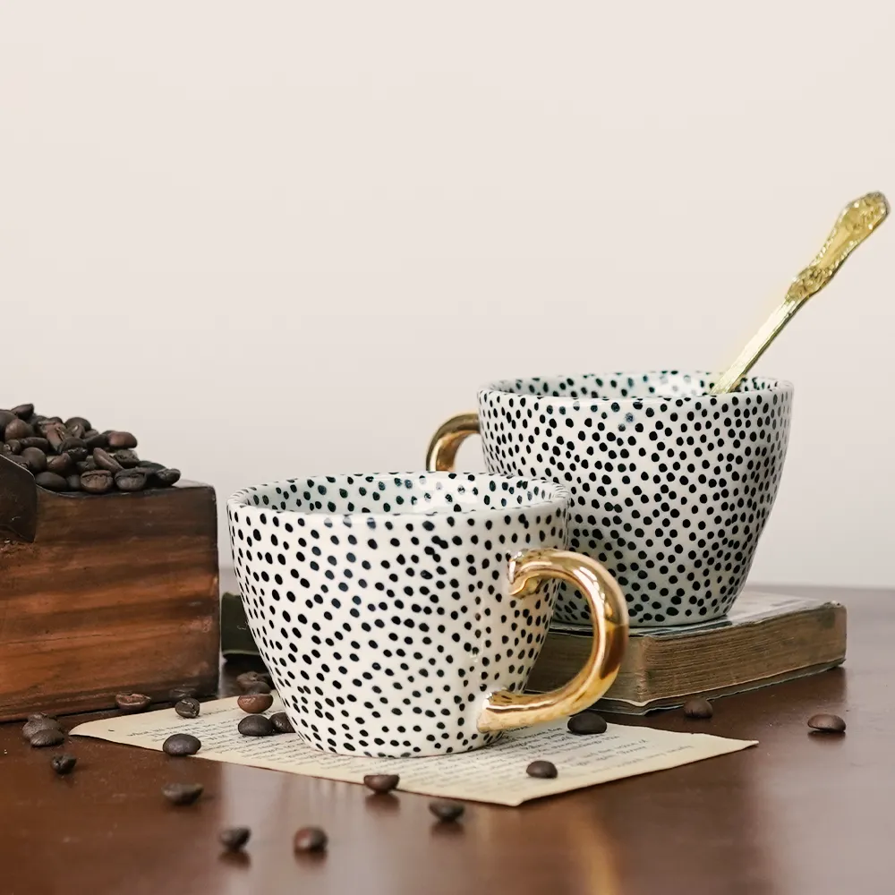 Charlotte Polka Ceramic Tea Cups With Gold Handle Set of 2