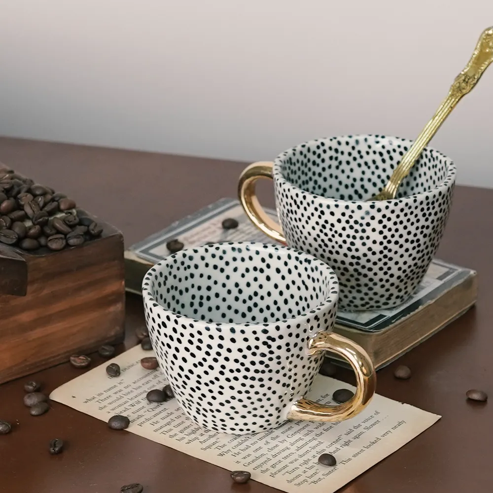 Charlotte Polka Ceramic Tea Cups With Gold Handle  Set of 2