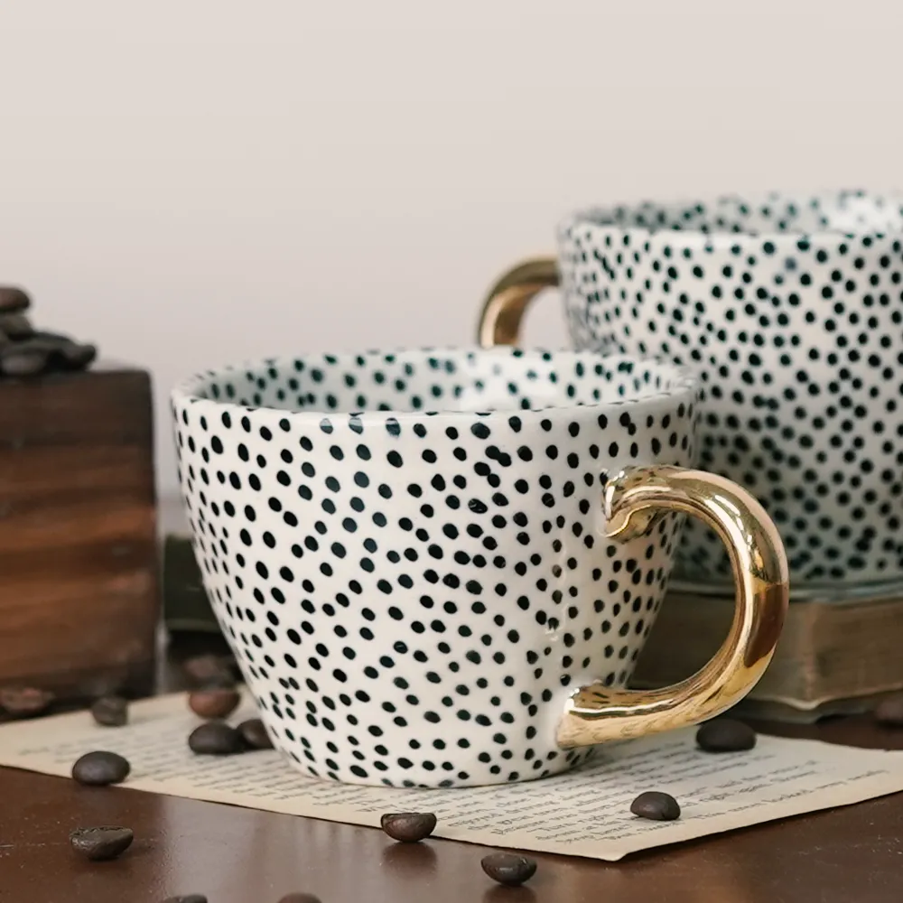 Charlotte Polka Ceramic Tea Cups With Gold Handle Set of 2