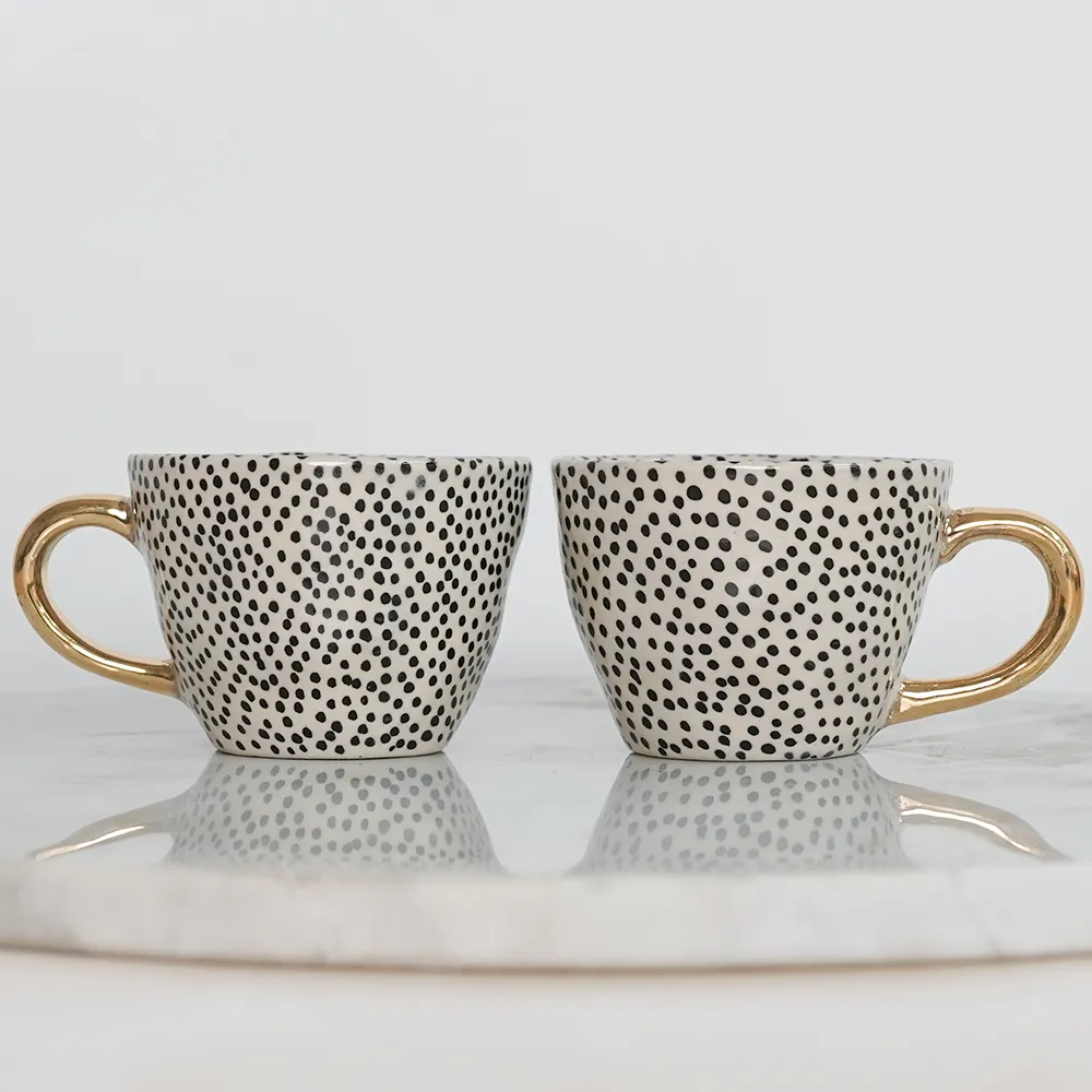 Charlotte Polka Ceramic Tea Cups With Gold Handle Set of 2