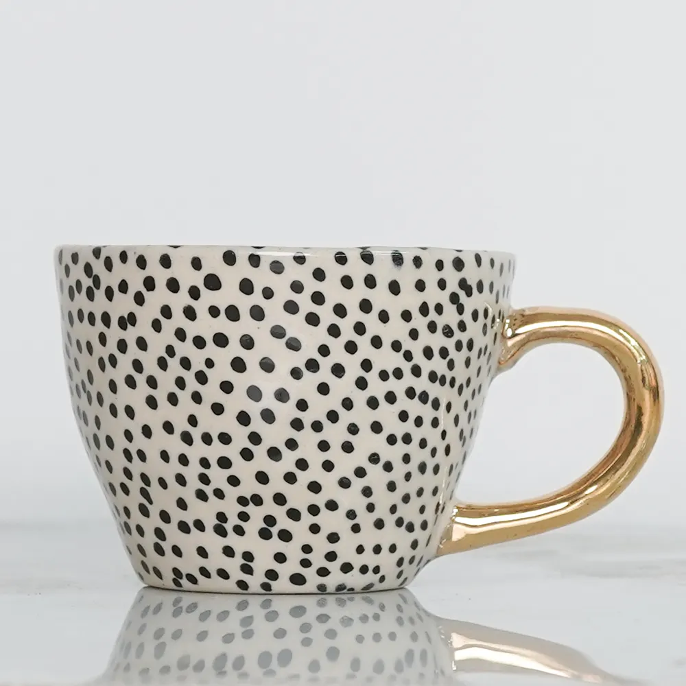 Charlotte Polka Ceramic Tea Cups With Gold Handle Set of 2