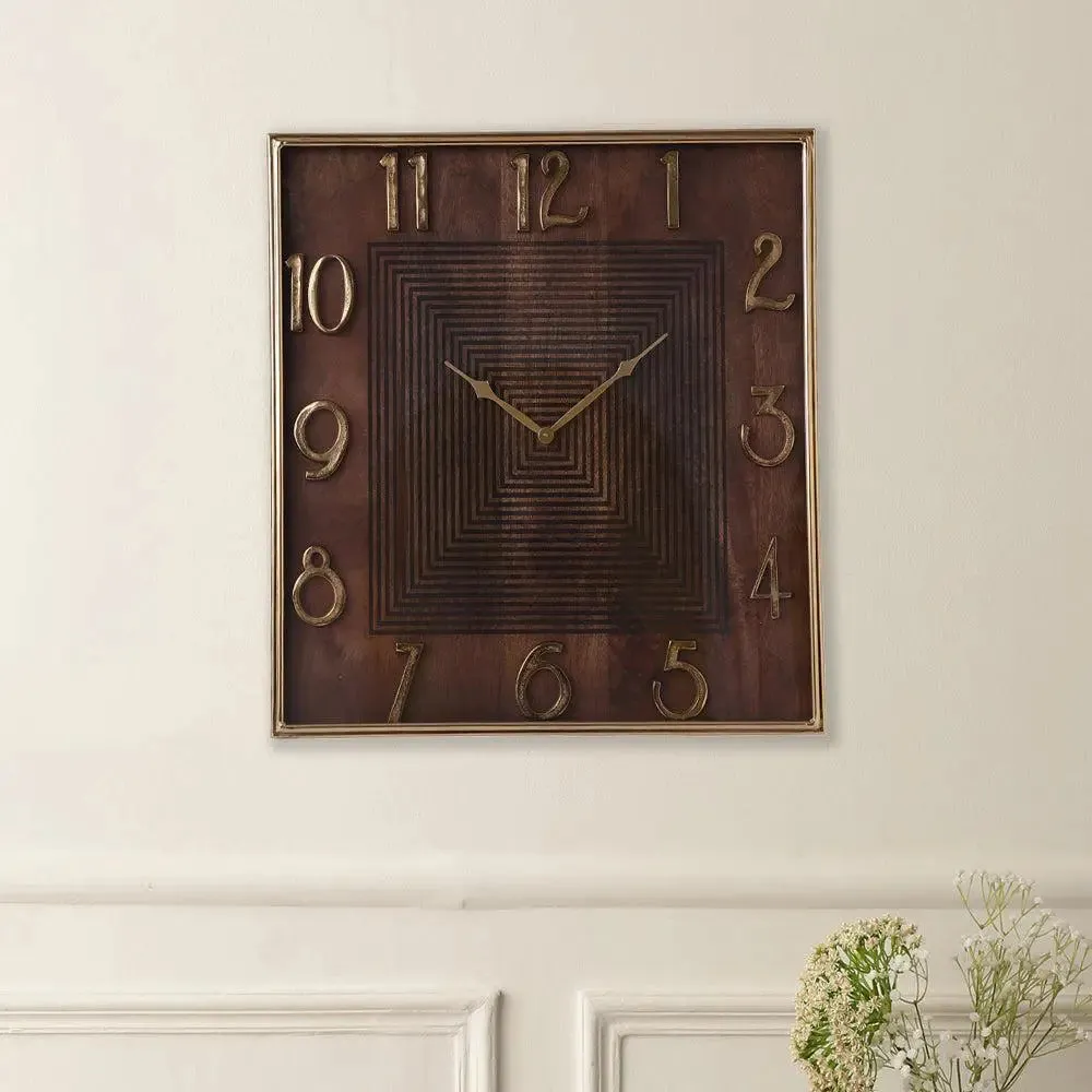 Chateau Square Gold & Brown Wall Clock with Sleek Golden Needles