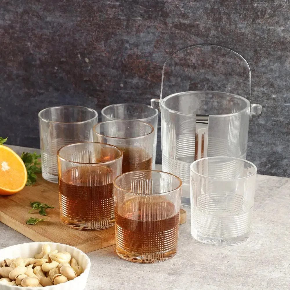 Checkered Designer Standard Glasses With Ice Bucket Set Of 6