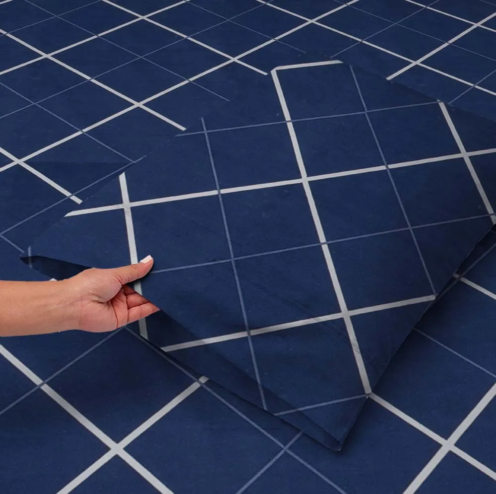 Checkered Printed Blue Cotton Double Fitted Bedsheet